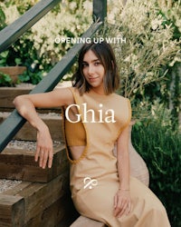 a woman in a tan dress with the words opening up with ghia